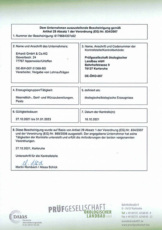 Bio Zertifikat Frank Erhardt GmbH 2021