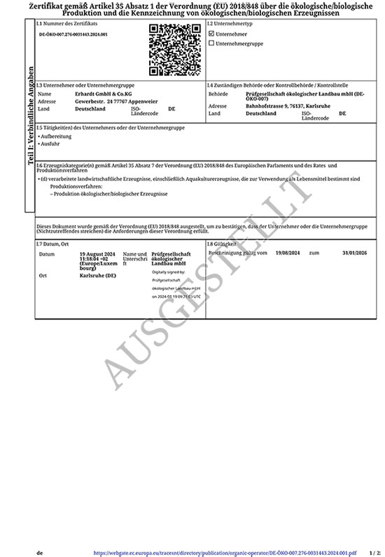 Oekologischer Landbau Erhardt GmbH Zertifikat 2024