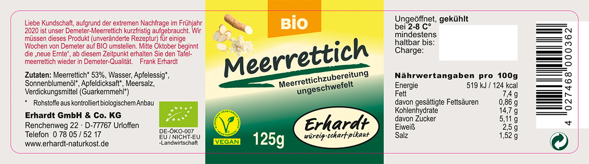 Erhardt Naturkost GmbH Urloffen- Meerrettich BIO 125g